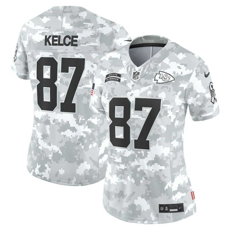 Women Kansas City Chiefs #87 Kelce Nike Arctic Camo 2024 Salute to Service Limited NFL Jersey